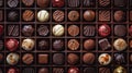 Assorted rows of different chocolate sweets neatly arranged in a box, Ai Generated