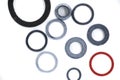 Assorted rubber rings and gaskets arranged on a white surface in a top-down, detailed view Royalty Free Stock Photo