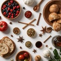 Assorted Rustic Food Ingredients Including Berries Bread Spices and Garlic blueberries Royalty Free Stock Photo