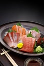 assorted sashimi tuna(medium fatty), salmon, yellowtail, and sea bream. authentic Japanese dining. Royalty Free Stock Photo