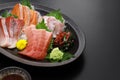 assorted sashimi tuna(medium fatty), salmon, yellowtail, and sea bream. authentic Japanese dining.