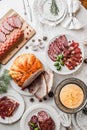 Assorted sausage on the celebratory table top view