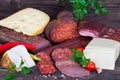 Assorted sausages and cheese Royalty Free Stock Photo