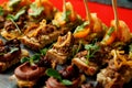 Assorted savory canapes with meat and shrimp Royalty Free Stock Photo