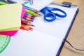 Assorted School Supplies on Wooden Table Royalty Free Stock Photo