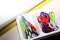 An organized collection of colorful craft and utility scissors Royalty Free Stock Photo
