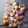 Assorted scoops ice cream and edible flowers decoration. Colorful set of ice cream with different flavors