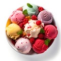 Assorted scoops of ice cream with fresh raspberries and mint leaves in a bowl. Top view