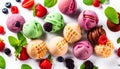 Assorted of scoops ice cream. Top view of colorful set of ice cream of different flavours with mint Royalty Free Stock Photo