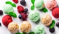 Assorted of scoops ice cream. Top view of colorful set of ice cream of different flavours with mint Royalty Free Stock Photo