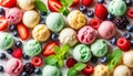 Assorted of scoops ice cream. Top view of colorful set of ice cream of different flavours with mint Royalty Free Stock Photo