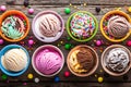 Assorted Scoops of Ice Cream on Wooden Table Surrounded by Colorful Candy