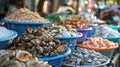 Assorted seafood display at a traditional market Royalty Free Stock Photo