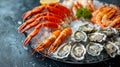 Assorted seafood platter with shellfish and crustaceans on ice. Royalty Free Stock Photo