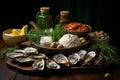 Assorted seafood presentation with oysters, scallops, greens, lemon, and balsamic vinegar on board