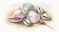 Assorted seashell collection scattered on textured beige background featuring conch shells and spiral shells in pastel colors Royalty Free Stock Photo