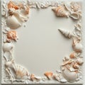 Assorted seashells creatively arranged on a textured white background