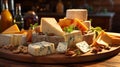 Assorted selection of cheese varieties on a wooden cutting board, AI-generated.