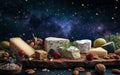 An assorted selection of fine cheeses and fruits against a cosmic backdrop, suggesting a fusion of culinary and astral