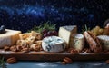 An assorted selection of fine cheeses and fruits against a cosmic backdrop, suggesting a fusion of culinary and astral