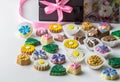 Assorted selection of handmade luxury gourmet chocolate candies with delicious praline, fondant and toffee centres isolated on