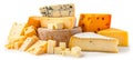 Assorted selection of various cheese types stacked and isolated on a white background Royalty Free Stock Photo