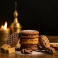 Assorted semolina maamoul or mamoul cookies with dallah and ramadan decor. Traditional arabic Eid al Adha, Eid al Fitr sweets