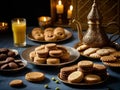 Assorted semolina maamoul or mamoul cookies with dallah and ramadan decor. Traditional arabic Eid al Adha, Eid al Fitr sweets