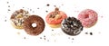 Assorted set colorful glazed donuts with mixed sprinkles and crumbs flying isolated on white background. Sweet pastry card. Fresh Royalty Free Stock Photo