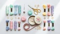 Includes pastel-colored embroidery floss, spools of thread, buttons, Royalty Free Stock Photo