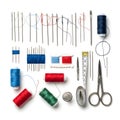 Assorted sewing supplies including needles, thread, and scissors arranged neatly on a white background. isolated on white Royalty Free Stock Photo