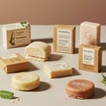 Assorted shampoo bars and their packaging are displayed on a beige surface. The Royalty Free Stock Photo