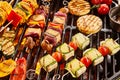 Assorted shish vegan kebabs with tofu and haloumi