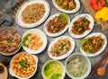 Assorted Shrimp, Sausage and Egg Fried Rice, Mabo tofu, Pineapple Shrimp Balls, large intestine bowl, egg drop soup, Kung Pao Beef