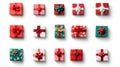 Assorted small red and green wrapped gift boxes arranged in a grid on a white surface Royalty Free Stock Photo