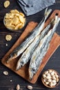 Assorted snacks for beer, dried fish. Royalty Free Stock Photo