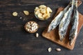 Assorted snacks for beer, dried fish Royalty Free Stock Photo