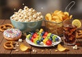 Assorted snacks on a wooden table Royalty Free Stock Photo