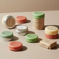 Assorted solid shampoo bars in circular shapes, variety of colors including green, red, Royalty Free Stock Photo