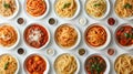 Assorted spaghetti dishes featuring various pastas and sauces on white background, with text space.