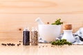 Assorted of spice bottles condiment black pepper ,white pepper a Royalty Free Stock Photo