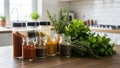 Assorted spice jars with fresh herbs Royalty Free Stock Photo