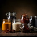Assorted Spices, Basmati Rice and Dried Herbs in Glass Containers on Dark Rustic Table - Food Photography. AI Generated Image. Royalty Free Stock Photo
