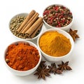 Assorted spices in bowls isolated on transparent background