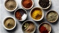 Assorted spices in ceramic bowls, vibrant colors, diverse textures, minimalist flat lay composition Royalty Free Stock Photo