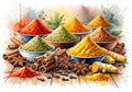Assorted spices are displayed in ceramic bowls on a wooden surface Royalty Free Stock Photo