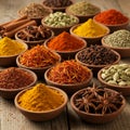 Assorted spices are displayed in small wooden bowls on a rustic wooden surface.