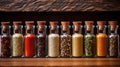 Assorted spices in glass jars. Home storage of spices