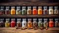 Assorted spices in glass jars. Home storage of spices