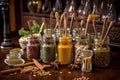 assorted spices in glass jars with labels and spoons